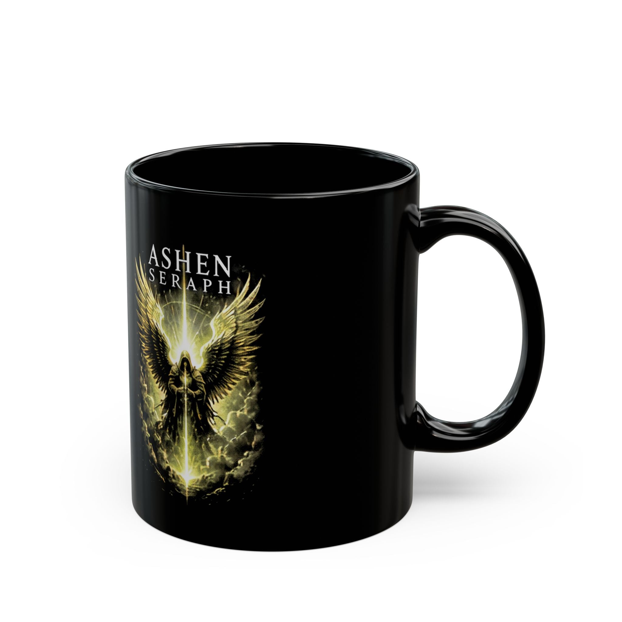 Ashen Seraph Black Coffee Mug — Angel Wings Band Logo (11oz/15oz)