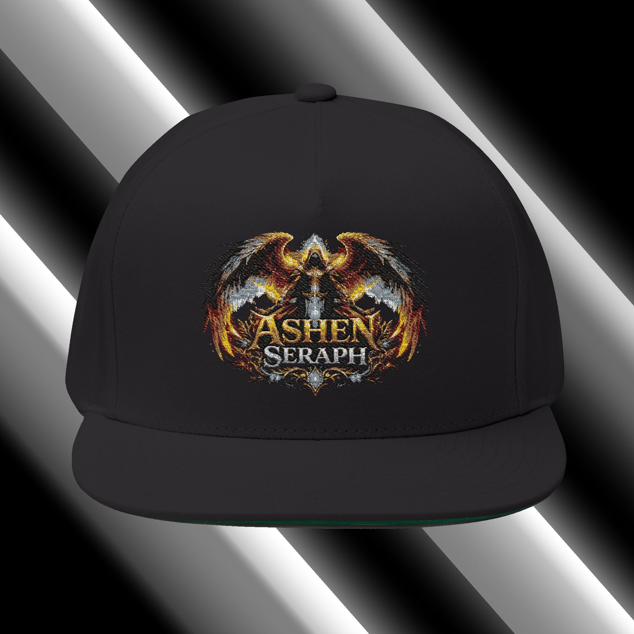 Embroidered Ashen Seraph Flat Bill Cap — Gothic Winged Logo Snapback