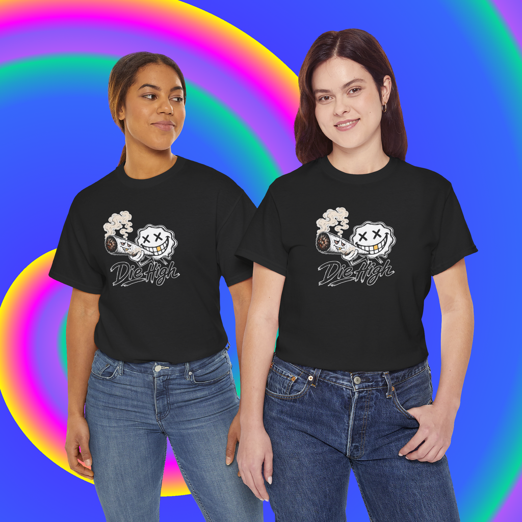 T-Shirt — "Die High" Smiling Skull Smoking Graphic Tee