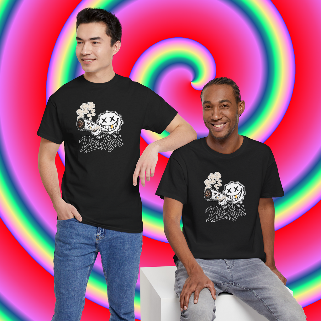 T-Shirt — "Die High" Smiling Skull Smoking Graphic Tee