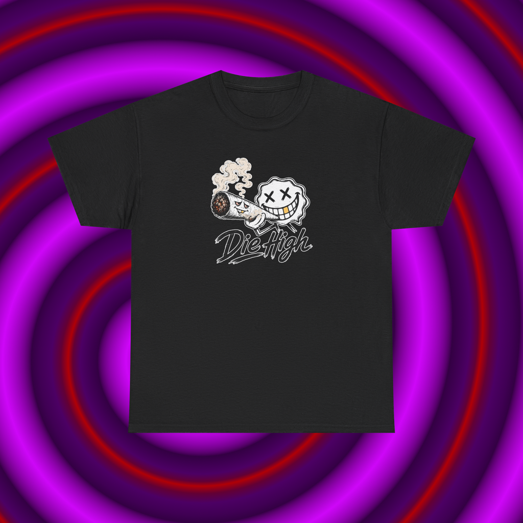 T-Shirt — "Die High" Smiling Skull Smoking Graphic Tee