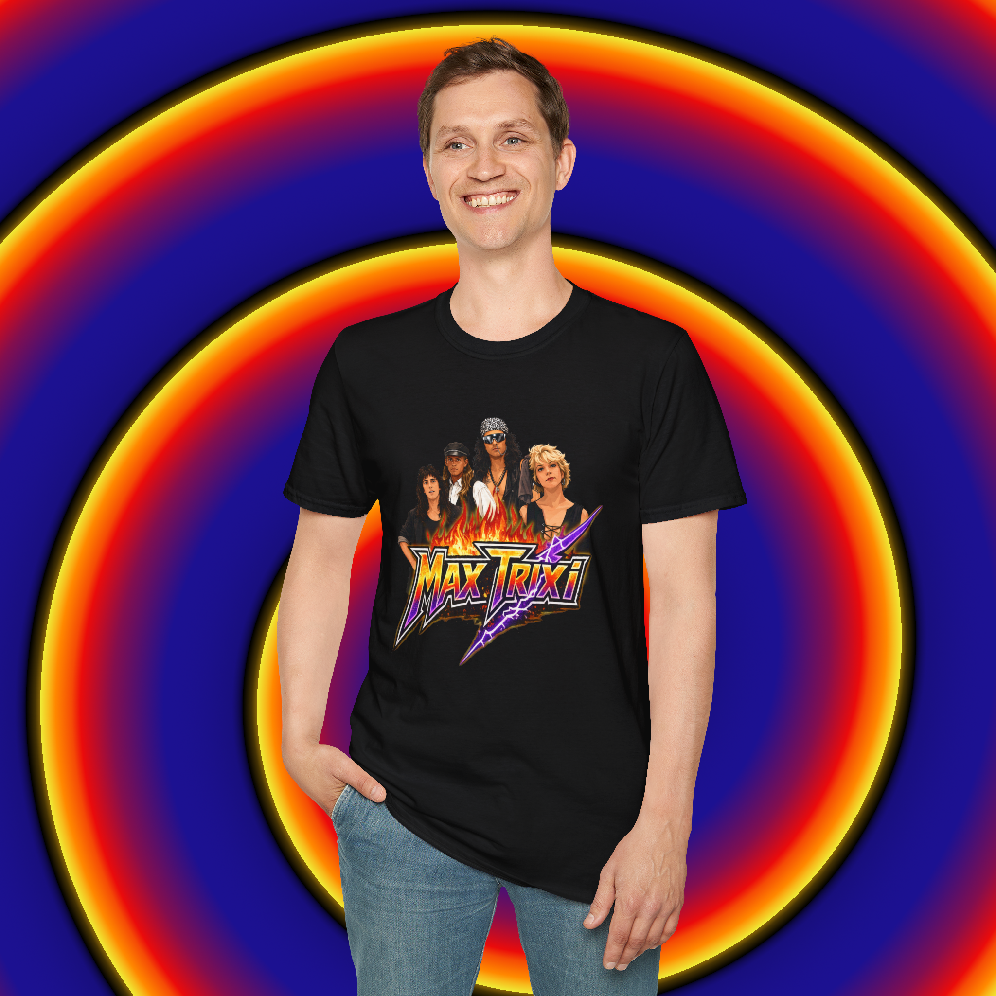 Rock Band Graphic T-Shirt — 'Max Trixi' Retro Flame Design