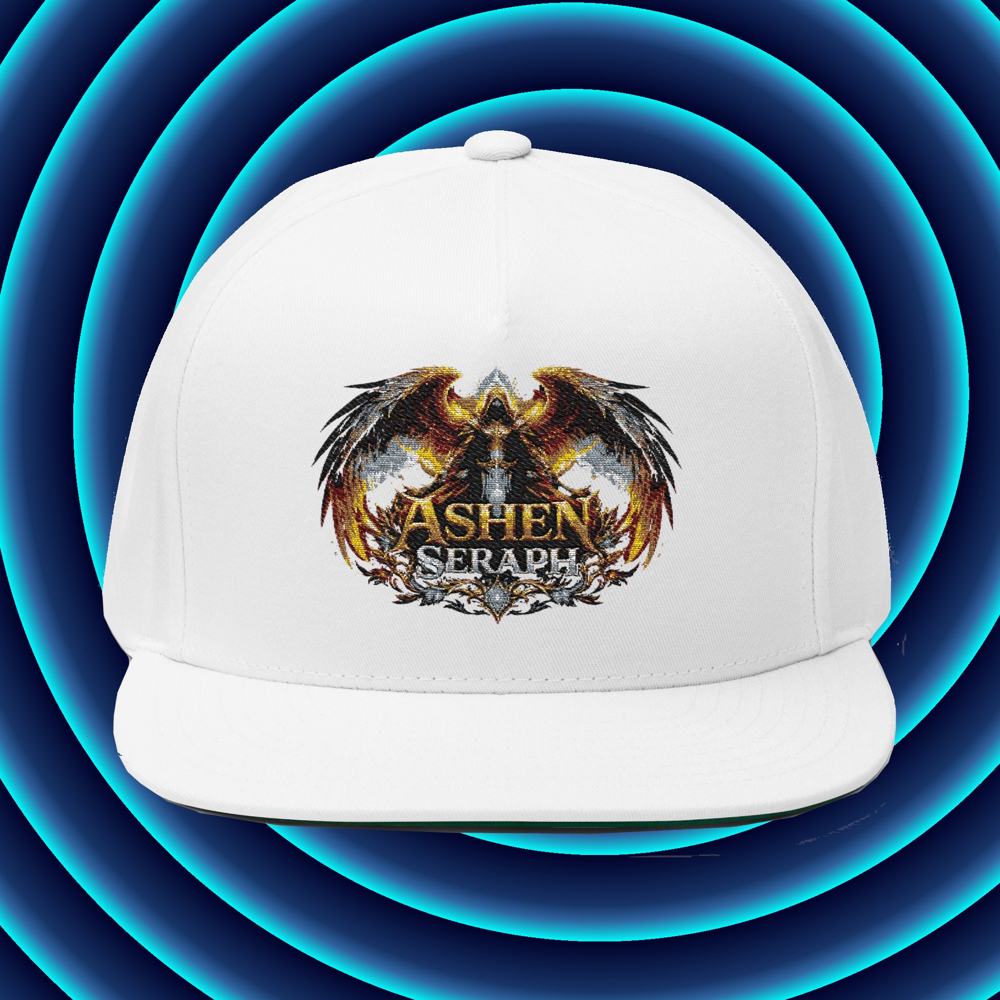 Embroidered Ashen Seraph Flat Bill Cap — Gothic Winged Logo Snapback